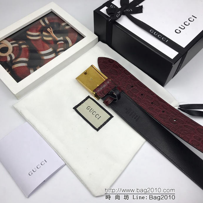 GUCCI古馳 官網新款 正品規格 原單品質 定制頭層自然鱷魚紋 復古老虎板扣 男士皮帶  xfp1356